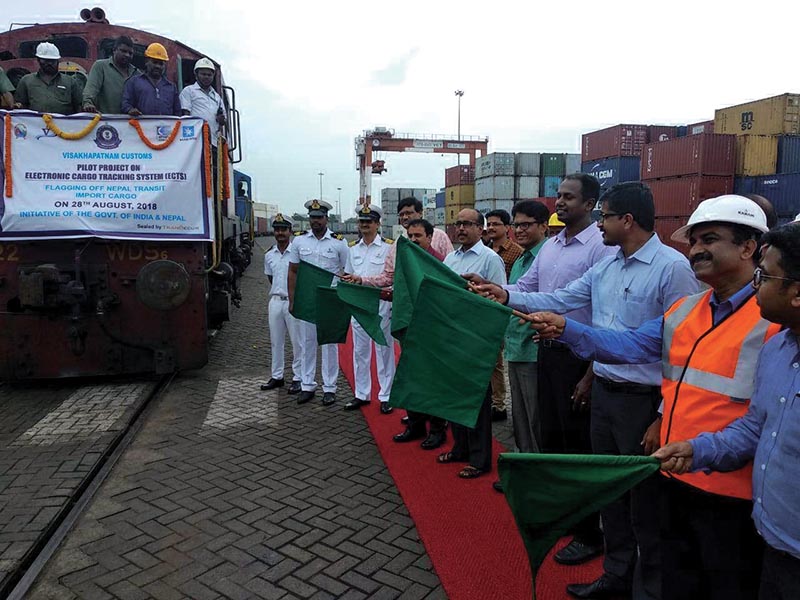 Officials of Vizag Port flagging off the inaugural direct train container service between Vizag and Birgunj, in Vishakhapatanam, on Tuesday. Photo Courtesy: MoICS