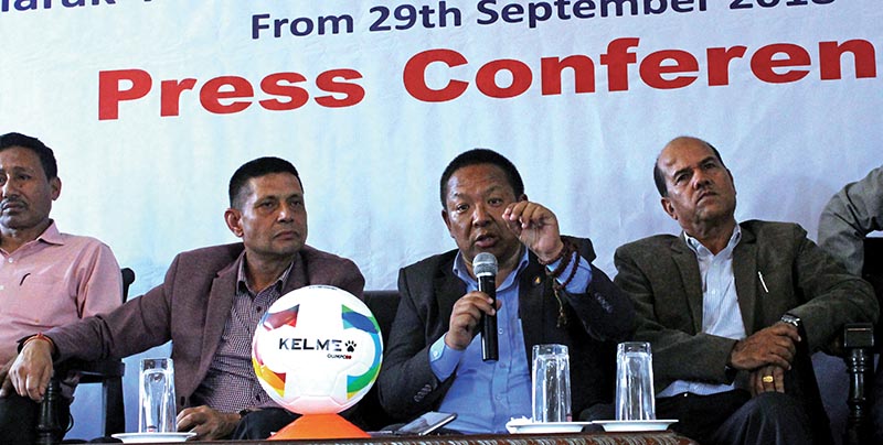 All Nepal Football Association President Karma Tsering Sherpa speaks during a press meet at the ANFA Complex in Satdobato, Lalitpur on Sunday. Photo Courtesy: ANFA