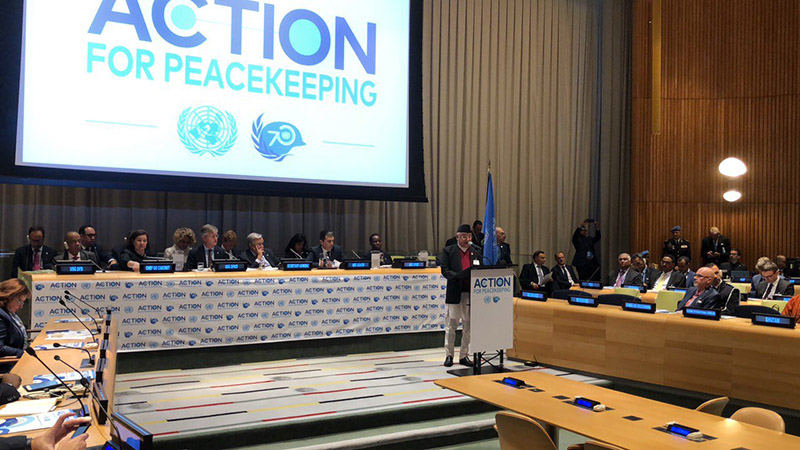 Prime Minister KP Sharma Oli addressing the high-level event on 'Action for Peacekeeping' organised by the UN Secretary-General, in New York, on September 25, 2018. Photo: MoFA/Twitter