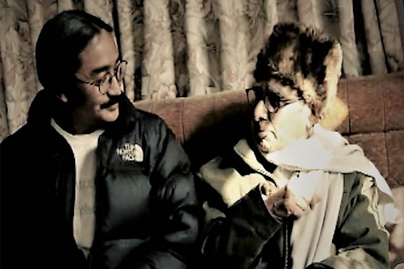 File: Nepathya's lead singer Amrit Gurung (left) chit chat with Madhav Prasad Ghimire. Courtesy: Nepathya