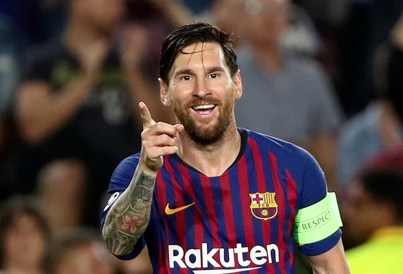 Barcelona's Lionel Messi celebrates scoring their fourth goal to complete his hat-trick during Champions League, Group Stage, Group B match between FC Barcelona and PSV Eindhoven, at Camp Nou,in  Barcelona, Spain, on September 18, 2018. Photo: Reuters