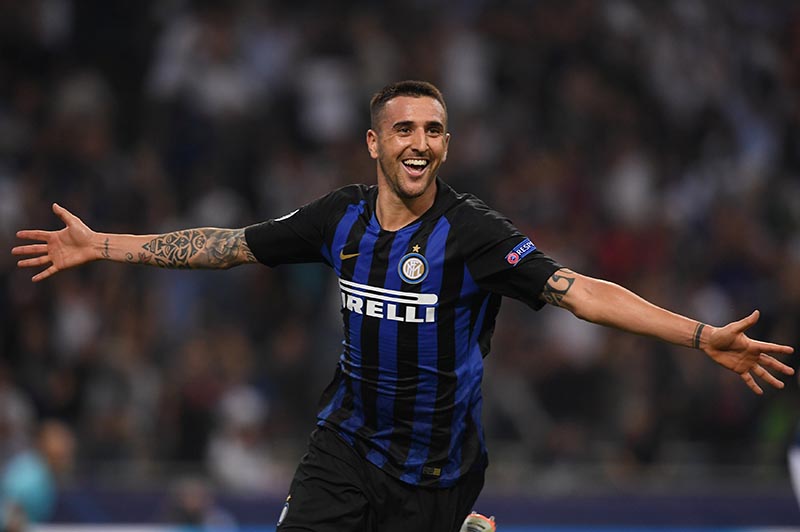 Inter Milan's Matias Vecino celebrates scoring their second goal during the Champions League, Group Stage, Group B match between Inter Milan and Tottenham Hotspur, at San Siro, in Milan, Italy, on September 18, 2018. Photo: Reuters