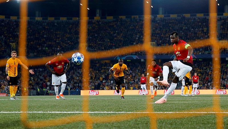 Manchester United's Paul Pogba scores their second goal from the penalty spot during the Champions League, Group H match between BSC Young Boys and Manchester United, at Stade de Suisse, in Bern, Switzerland, on September 19, 2018. Photo: Action Images via Reuters