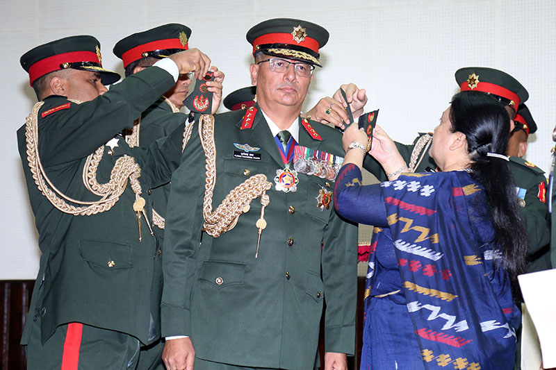 Chief of Army Staff Lieutenant-Generalu00a0Purna Chandra Thapa being conferred with insignia of his rank by President Bidya Devi Bhandari  at Shital Niwas, Kathmandu, on Sunday, September 9, 2018. Photo: RSS