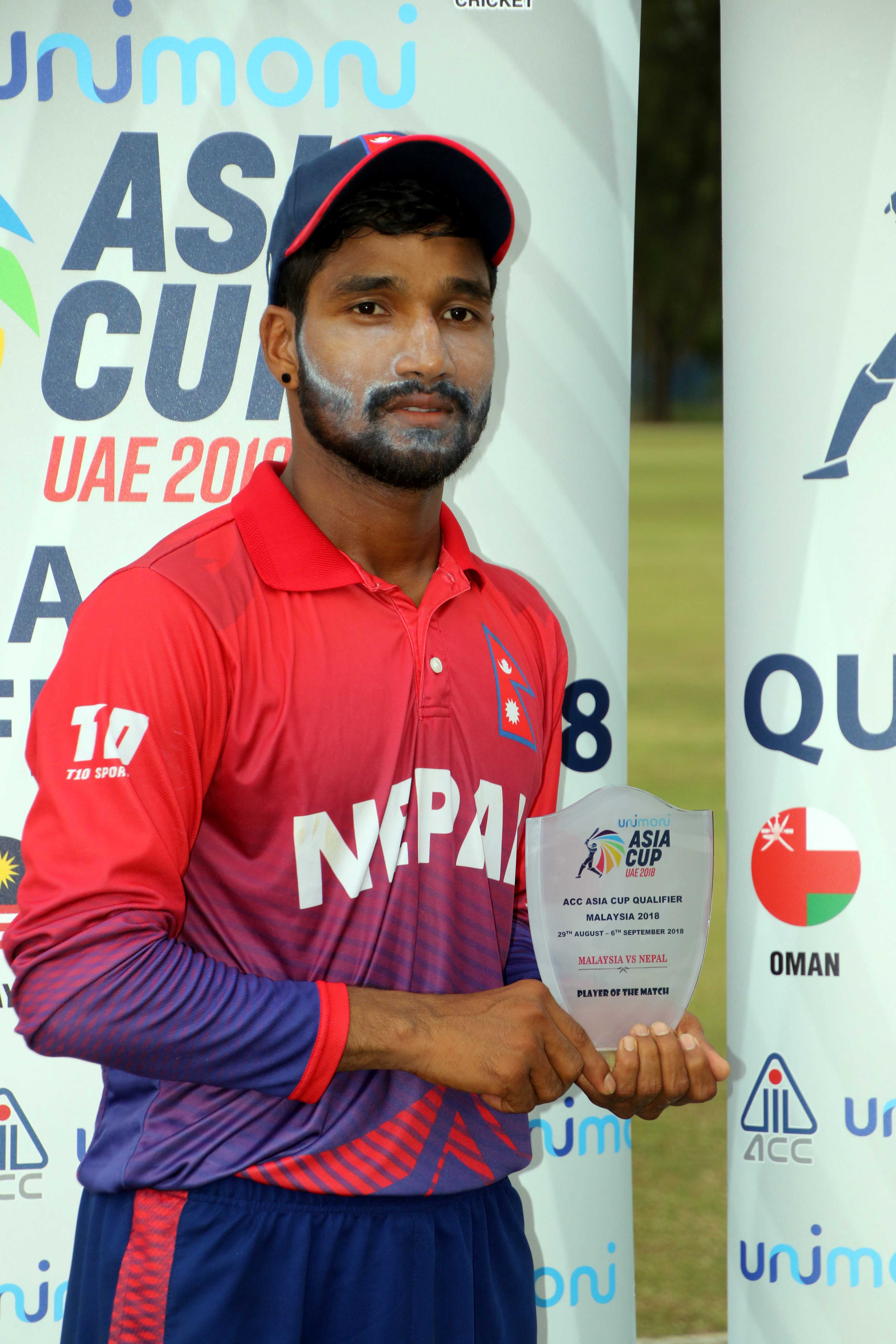 Nepalu2019s Dipendra Singh Airee celebrates after scoring a half century against Malaysia during their Asia CupnQualifiers match in Kuala Lumpur on Saturday, September 1, 2018. Photo: THT
