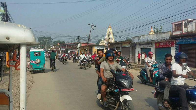 Protesters take out a motorcycle rally in closed down Dhangadhi Bazaar, on Saturday, September 29, 2018. Photo: Tekendra Deuba/THT