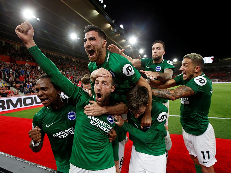Brighton's Glenn Murray celebrates scoring their second goal with teammates during the Premier League match between Southampton and Brighton &amp; Hove Albion, at St Mary's Stadium, in Southampton, Britain, on September 17, 2018. Photo: Action Images via Reuters