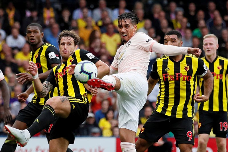 Manchester United's Chris Smalling scores their second goal during the Premier League match between Watford and Manchester United, at Vicarage Road, in Watford, Britain, on September 15, 2018. Photo: Reuters
