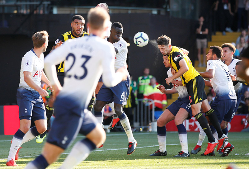 Watford's Craig Cathcart scores their second goal during the Premier League match between Watford and Tottenham Hotspur, at Vicarage Road, in Watford, Britain, on September 2, 2018. Photo: Reuters