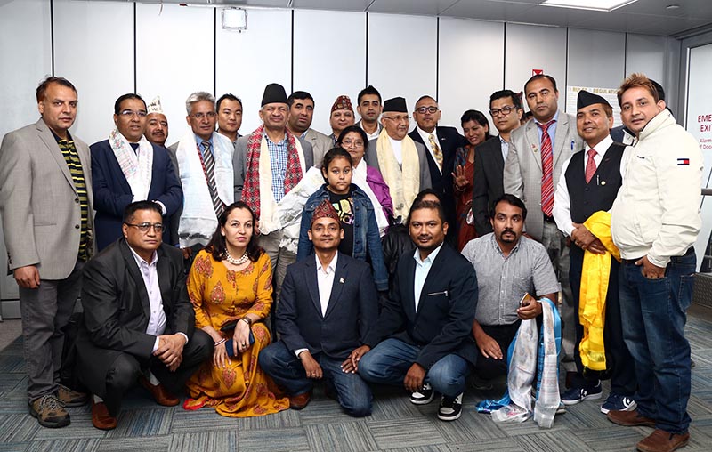 Prime Minister KP Sharma Oli and Minister for Foreign Affairs Pradeep Kumar Gyawali pose for photograph with staff of Nepal Embassy and Permanent Mission of Nepal to the United Nations, in New York, USA, on Sunday, 2018. Nepal delegation members including  Minister Gyawali are headed by Prime Minister KP Sharma Oli to the 73rd Session of United Nations General Assembly. Photo: RSS