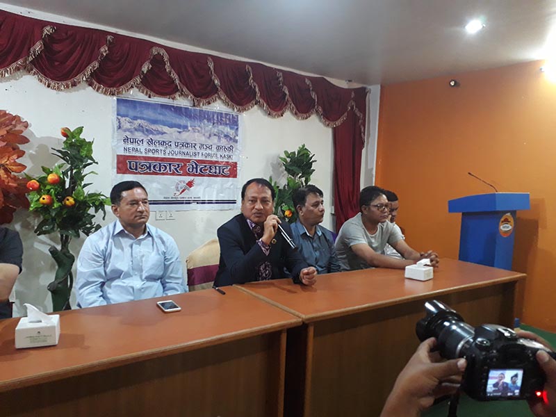Member Secretary of National Sports Council (NSC), Keshav Kumar Bista, speaking during a press meet in Pokhara, Kaski, on Wednesday, September 5, 2018. Photo: Rishi Ram Baral