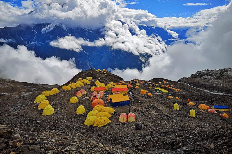 Tents set up at base camp as the world climbers prepare to scale Mt Manaslu this autumn. Photo courtesy: Arnold Coster