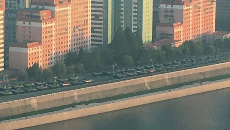 Military vehicles are seen along the Taedong River in Pyongyang, on Sunday, Sept. 9, 2018. 