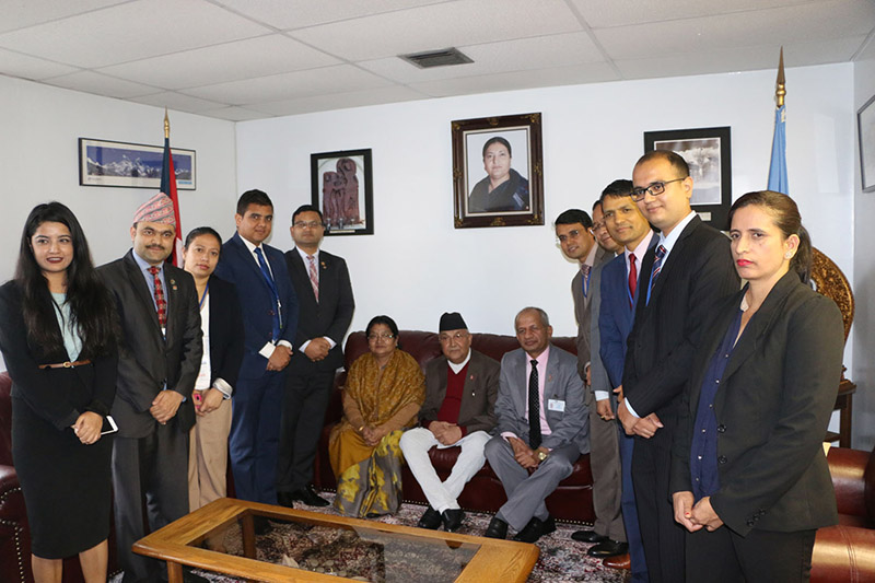 Prime Minister KP Sharma Oli, spouse Radhika Shakya and Foreign Minister Pradeep Kumar Gyawali with staff of the Permanent Mission of Nepal to the United Nations, in New York, on September 29, 2018. Photo: RSS