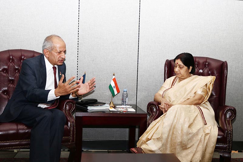 Minister for Foreign Affairs Pradeep Kumar Gyawali holds a meeting with Minister of External Affairs of India, Sushma Swaraj, at the UN headquarters in New York, USA, on Tuesday, September 25, 2018. Photo: RSS