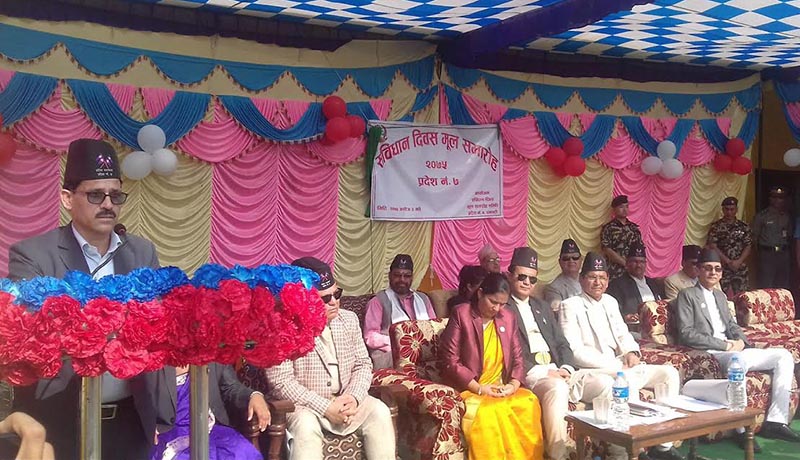 Province 7 Chief Minister Trilochan Bhatta speaking at a programme organised to mark Constitution Day in Dhangadi, Kailali, on Wednesday, September 19, 2018. Photo: THT