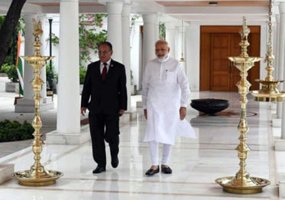 Pushpa Kamal Dahal meeting with Narenda Modi during his India visit. Photo: RSS