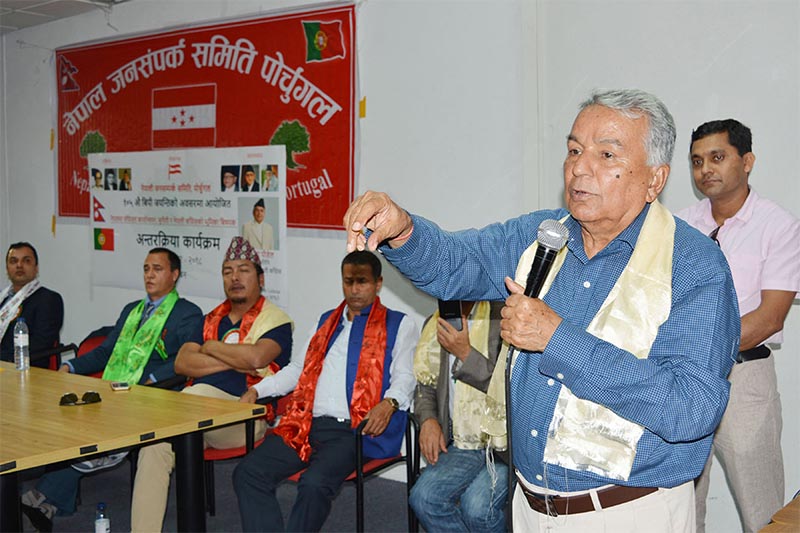 Nepali Congress senior leader Ramchandra Paudel address an interaction programme on 'implementation of federalism in Nepal, challenges and the role of Nepali Congress,' in Lisbon, Portugal, on Thursday, September 20, 2018. Photo: RSS