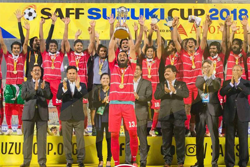 Maldives players celebrate winning the SAFF Suzuki Cup 2018 in Dhaka. Courtesy: SAFF/facebook