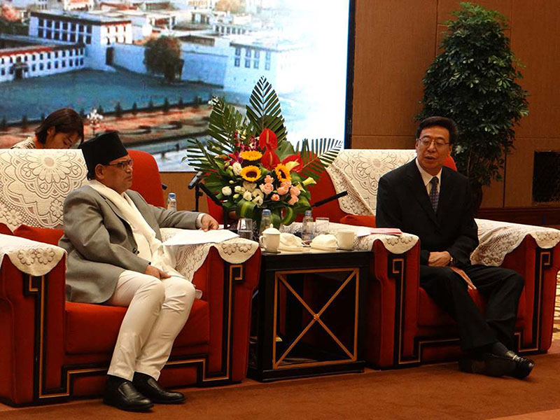 Speaker of the House of Representatives of Nepali Federal Parliament, Krishna Bahadur Mahara meets with Secretary General of the Communist Party of China (CPC)'s party committee of Tibet Autonomous Region (TAR), Wu Yingjie, in Lhasa, on Friday, September 7, 2018. Photo: Speaker's Secretariat via RSS