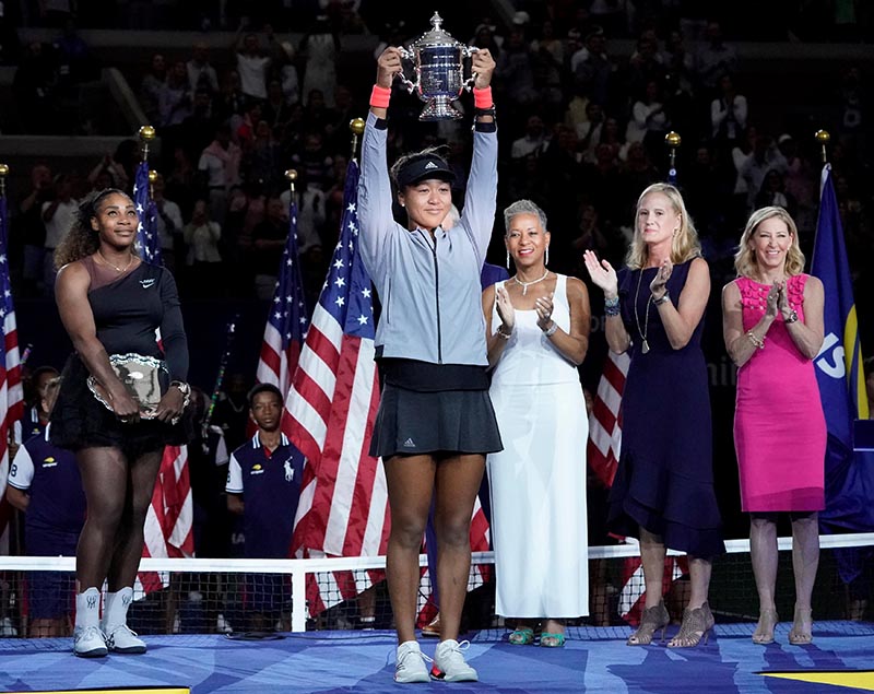 Naomi Osaka of Japan holds the US Open trophy after beating Serena Williams of the USA in the womenu2019s final on day thirteen of the 2018 US Open tennis tournament at USTA Billie Jean King National Tennis Center, in  New York, NY, USA, on Sept 8, 2018. Photo: Robert Deutsch-USA TODAY Sports via Reuters