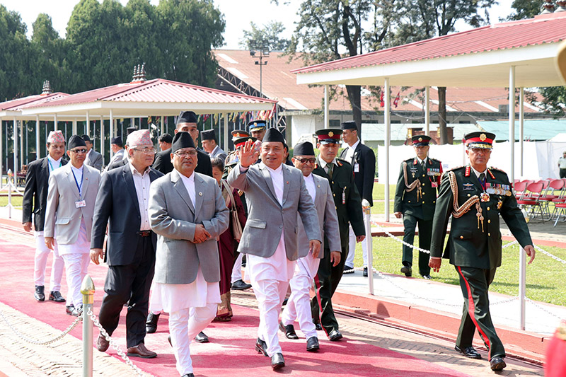 Vice President Nanda Bahadur Pun waves on arrival, after a six-day official visit to China, at Tribhuvan International Airport, in Kathmandu, on Monday, September 24, 2018. Photo: RSS