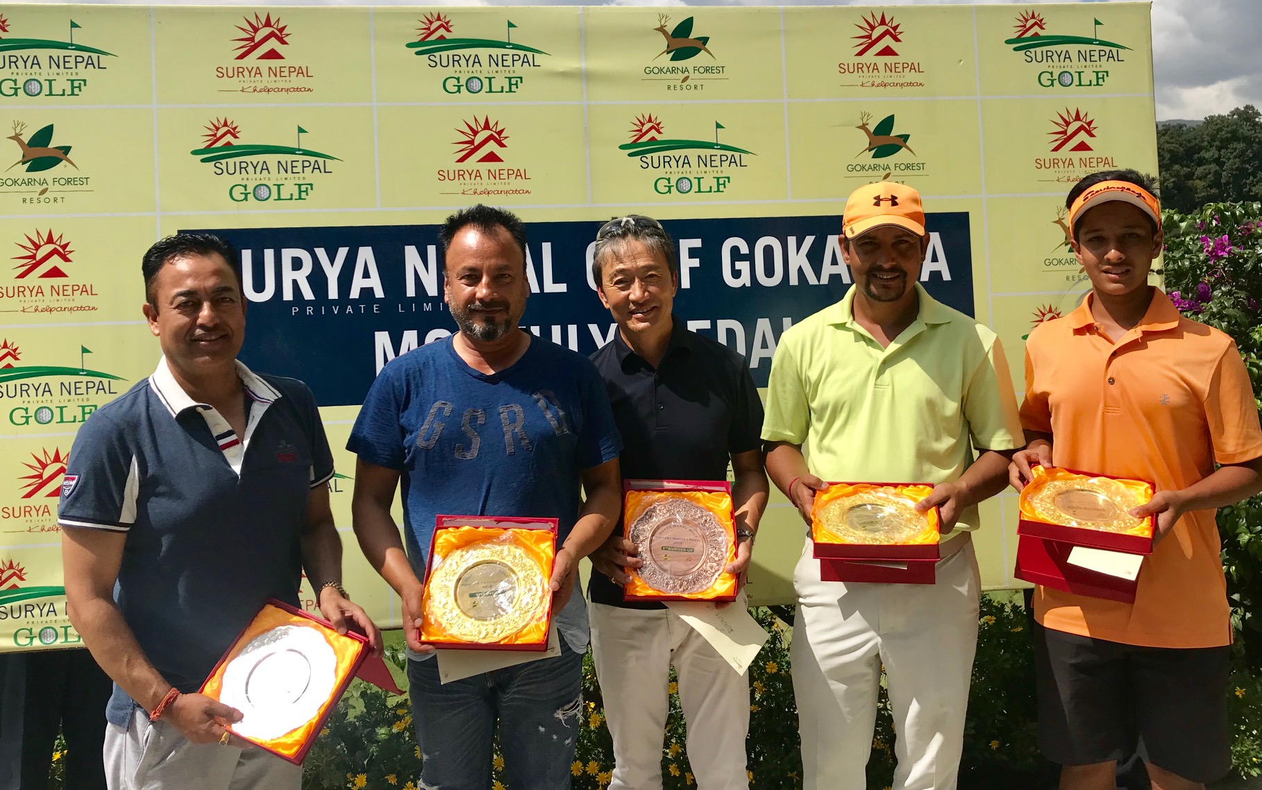 (From left) Pavitra Kumar Karki, Devendra Bajgai, Phintso Ongdi Lama, Surendra Phuyal and Mayank Dahal after the Surya Nepal Gokarna Monthly Medal in Kathmandu on Saturday, September 9, 2018. Photo: THT