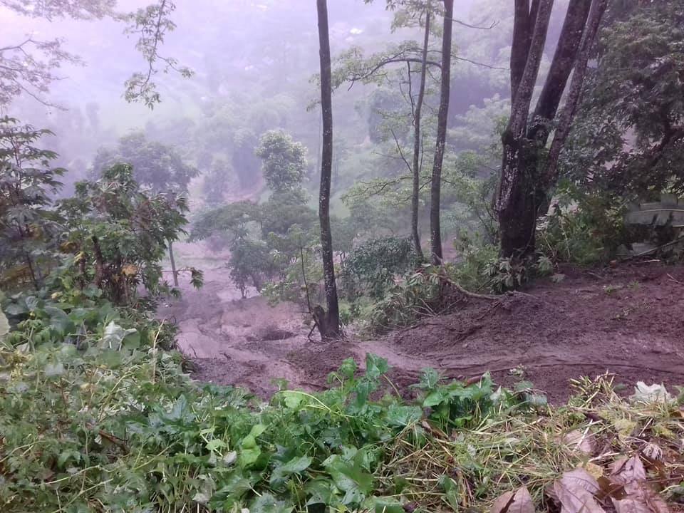 A view of a hill eroding in a landslide, at Arkhale of Marsyangdi Rural Municipality-3, in Lamjung District, on Wednesday, September 12, 2018. Photo: Ramji Rana/THT