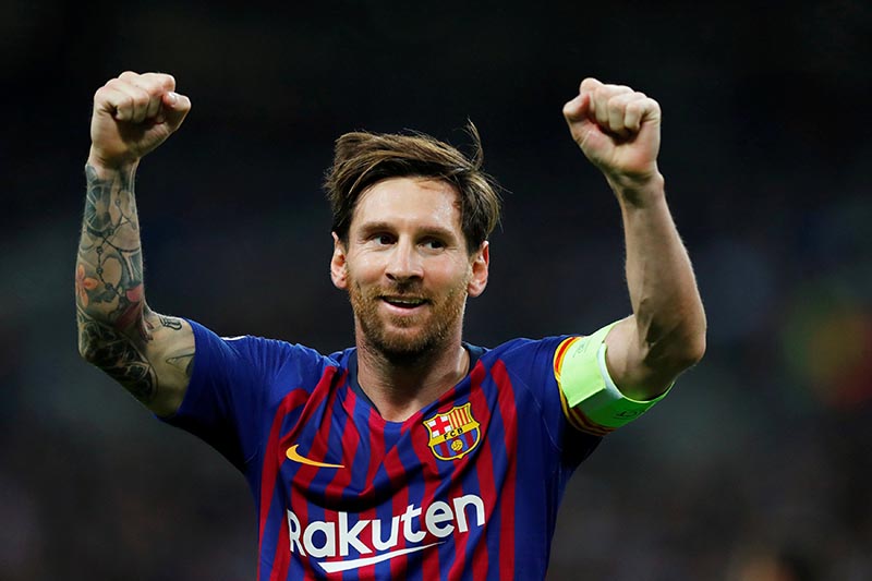 Barcelona's Lionel Messi celebrates scoring their third goal during the Champions League, Group B match between Tottenham Hotspur and FC Barcelona, at Wembley Stadium, in  London, Britain, on October 3, 2018. Photo: Reueters