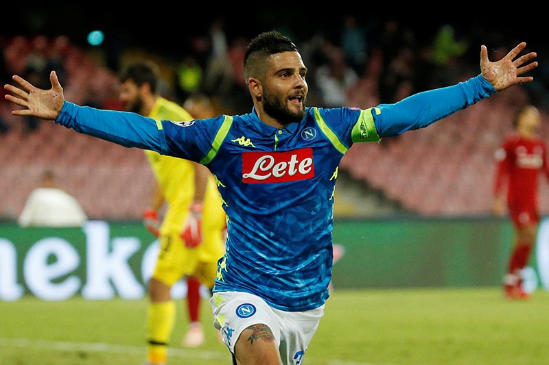 Napoli's Lorenzo Insigne celebrates scoring their first goal during the Champions League, Group C match between Napoli and Liverpool, at Stadio San Paolo, in Naples, Italy, on October 3, 2018. Photo: Reuters