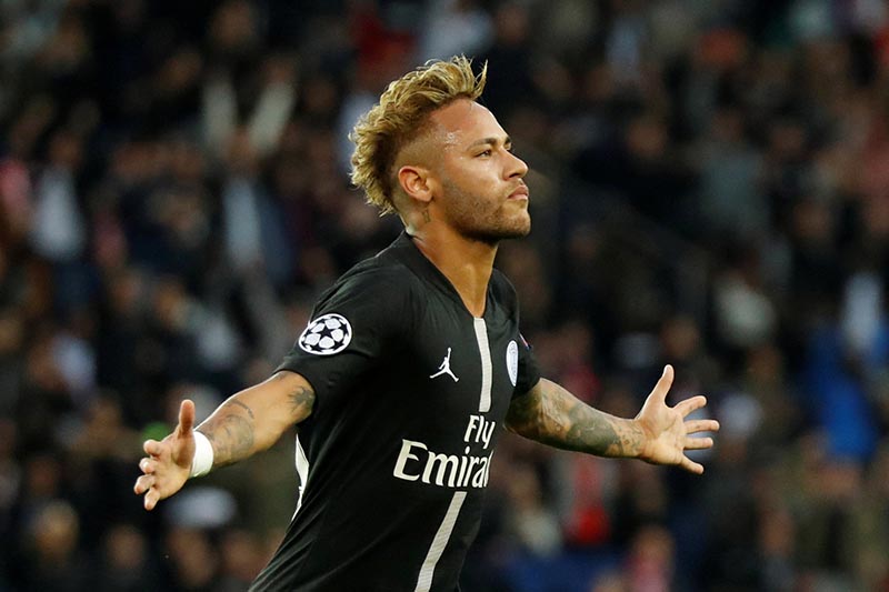 Paris St Germain's Neymar celebrates scoring their first goal during the Champions League Group C match between Paris St Germain and Crvena Zvezda, at  Parc des Princes, in Paris, France, on  October 3, 2018. Photo: Reuters