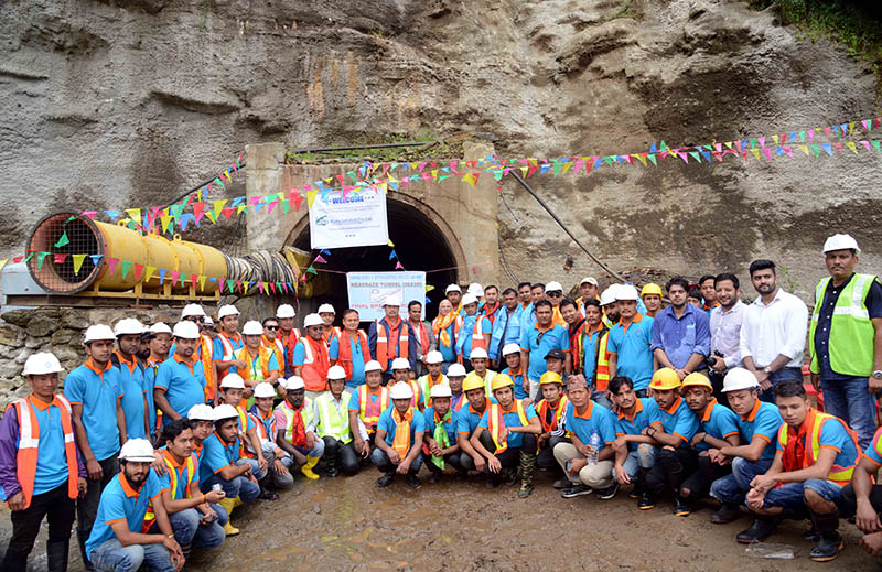 Employees pose for a portrait after achieving tunnel breakthrough of underconstruction Dordi-A hydropower, on Thursday, October 04, 2018. Photo: Ramji Rana