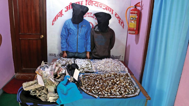 Narcotics Control Bureau making public two drug traffickers, in Kathmandu, on Friday, October 5, 2018. Photo: AP