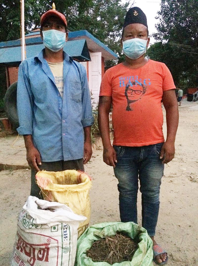 Bed Bahadur Sarki and Thakur Ram Praja of Ruding area in Benighat Rorang Rural Municipality-4 with sacks of marijuana, in Dhading. Police arrested the duo through a campaign launched to control drugs peddling. Photo: Keshav Adhikari/THT