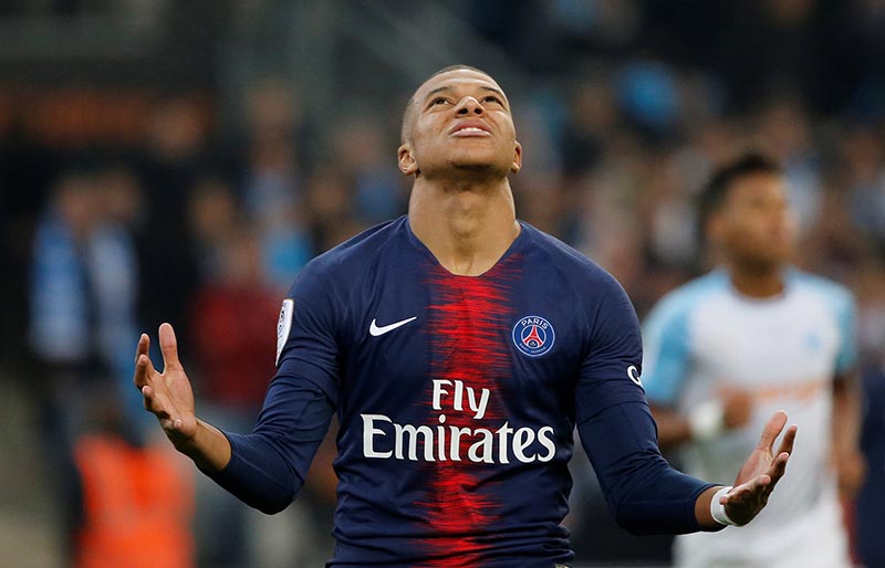 Paris St Germain's Kylian Mbappe reacts during the Ligue 1 match between Olympique de Marseille and Paris St Germain, at Orange Velodrome, in Marseille, France, on October 28, 2018. Photo: Reuters