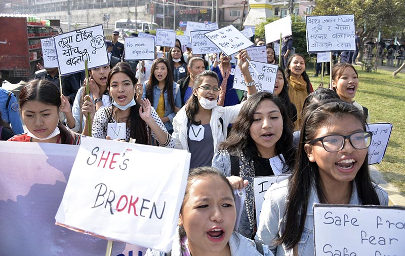 Women activists seeking resignation of the home minister and IGP as they protest Violence Against Women at Maitighar, in Kathmandu, on Saturday. Naresh Shrestha / THT