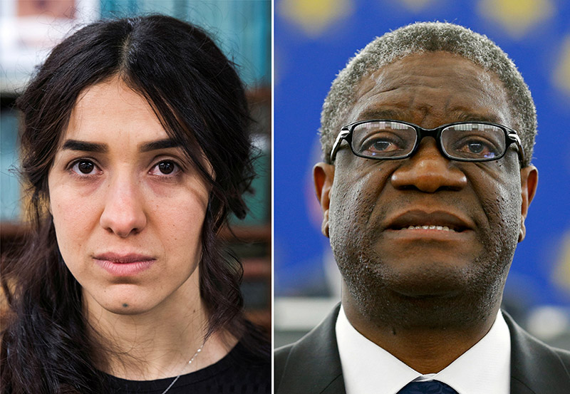 File Photo - A combination picture shows the Nobel Prize for Peace 2018 winners: Yazidi survivor Nadia Murad posing for a portrait at United Nations headquarters in New York, US, on March 9, 2017 (L) and Denis Mukwege delivering a speech during an award ceremony to receive his 2014 Sakharov Prize at the European Parliament in Strasbourg, on November 26, 2014. Photo: Reuters