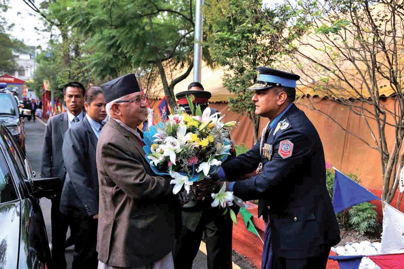 Prime Minister KP Sharma Oli being welcomed by Inspector General of Police Sarbendra Khanal at Nepal Police headquarters, in Kathmandu, on Thursday, October 11, 2018. Photo: THT