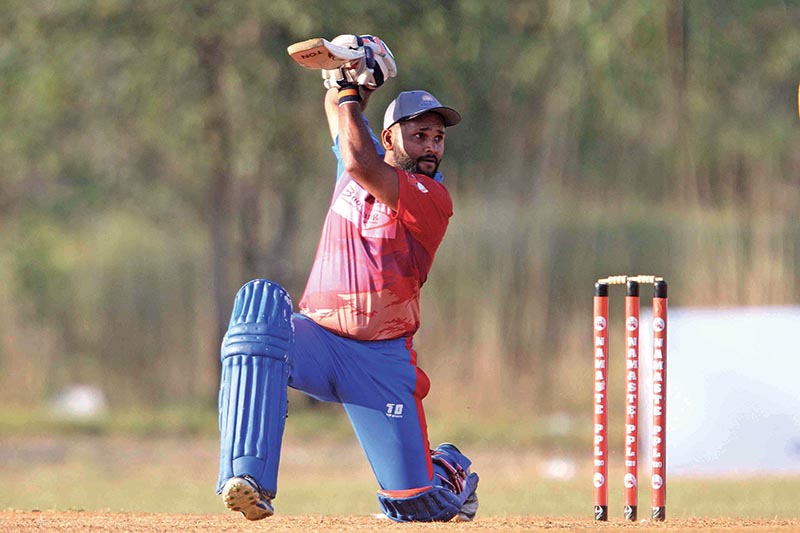Pokhara Paltanu2019s Ravi Inder Singh bats against Chitwan Rhinos during their Namaste PPL match in Pokhara on Monday. Photo: Udipt Singh Chhetry