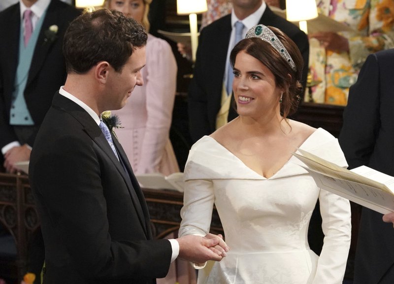 Princess Eugenie of York and Jack Brooksbank during their wedding ceremony at St Georgeu2019s Chapel, Windsor Castle, near London, England, on Friday Oct. 12, 2018. Photo: AP