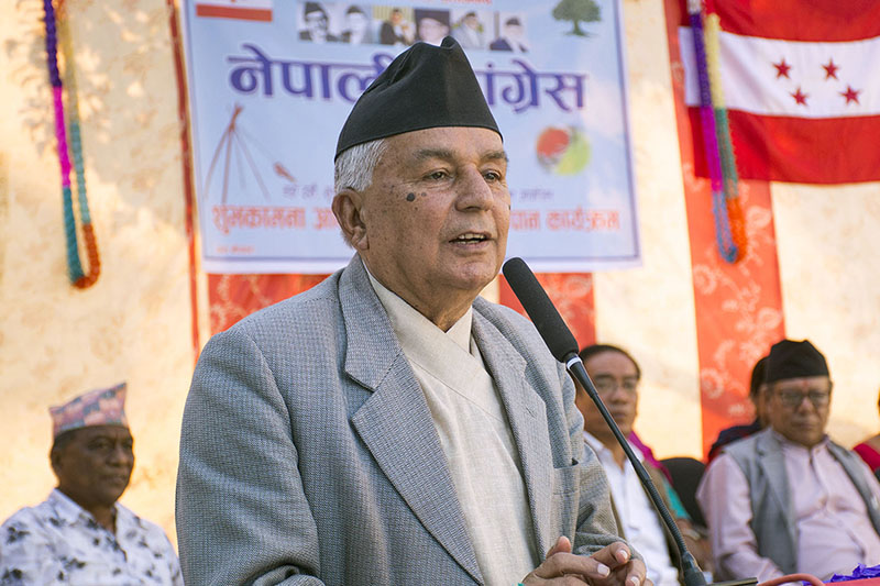 Nepali Congress senior leader Ram Chandra Paudel speaks at an interaction programme in Damauli of Tanahun district, on Thursday, October 11, 2018. Photo: RSS