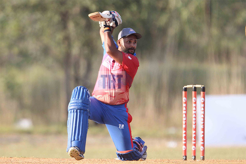 Ravi Inder Singh of Pokhara Paltan bats against Chitwan Rhinos during Namaste Pokhara Premier League in Pokhara on Monday. Photo: Udipt Singh Chhetry/THT