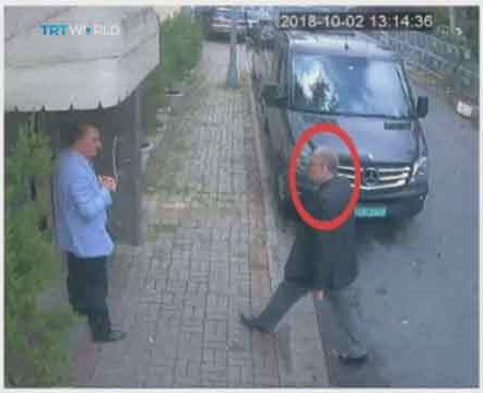 Still images taken from CCTV video and obtained by TRT World claim to show Saudi journalist Jamal Khashoggi, highlighted in a red circle by the source, as he arrives at Saudi Arabia's Consulate in Istanbul, Turkey October 2, 2018. Courtesy TRT World/Handout via Reuters 