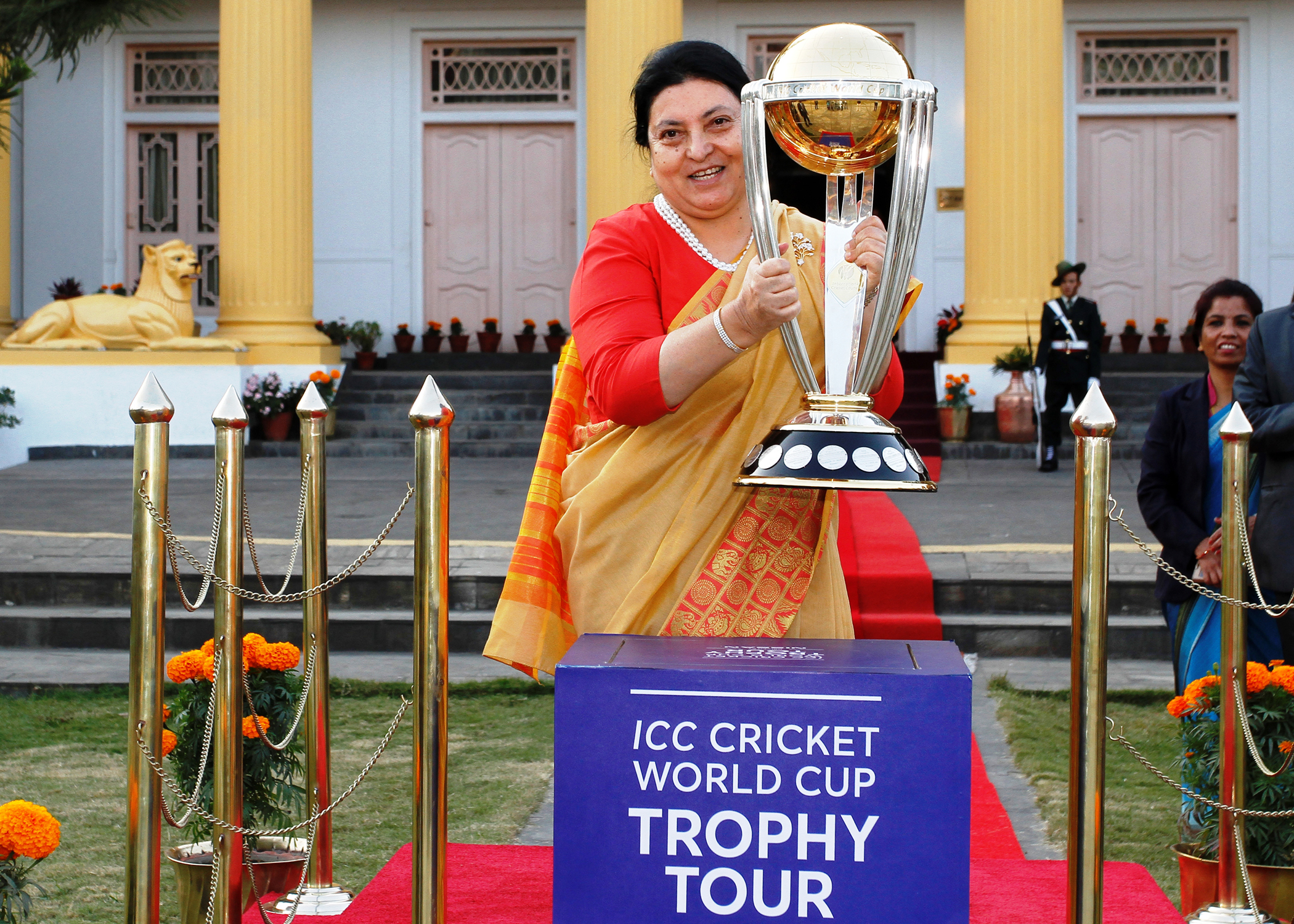 President Bidya Devi Bhandari lifts ICC Cricket World Cup trophy on Nepal tour at Sheetal Niwas, in Kathmandu, on Sunday, October 28, 2018. Photo: RSS