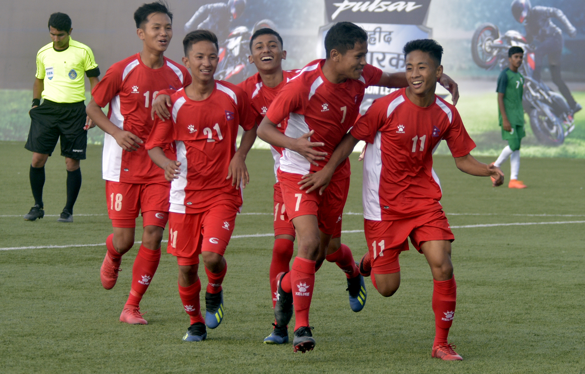 Nepali players celebrate a goal against the Maldives during their SAFF U-15 Football Championship match at the ANFA Complex grounds in Lalitpur on Thursday, October 25, 2018. Photo: AP