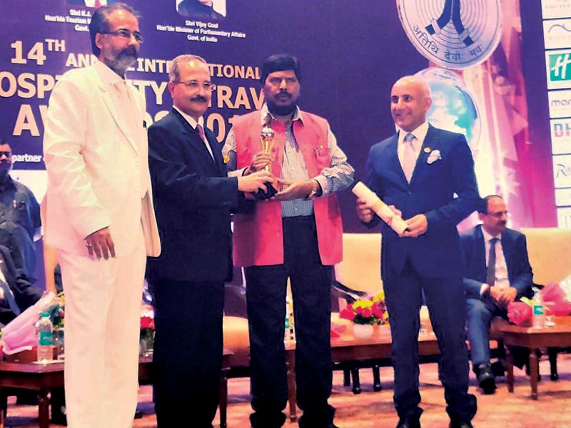 Chairman of Soaltee Westend Premier Dinesh Bahadur Bista(second from left) receiving 'Best Debut Green Hotel' award, in New Delhi. Photo Courtesy: Soaltee Hotel