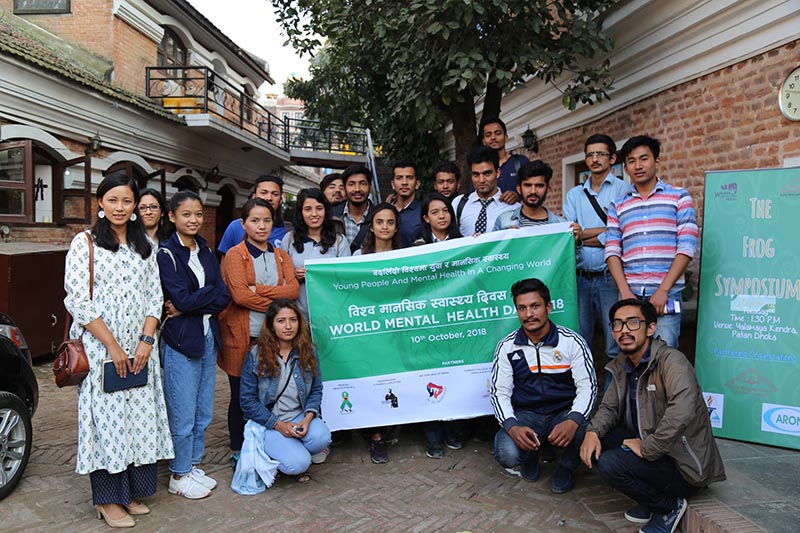 Participants pose for a photograph during a programme organised on the occassion of World Mental Health in Kathmandu, on Monday, October 8, 2018. Photo Courtesy: CREASION