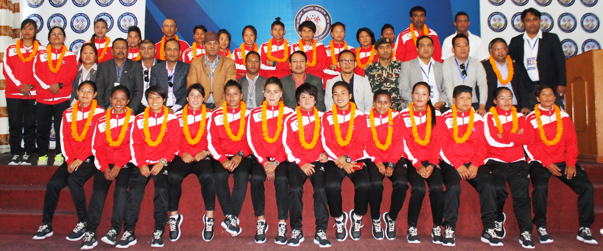Nepal national womenu2019s football team members with officials at farewell programme in Lalitpur on Thursday, October 26, 2018. Photo: THT