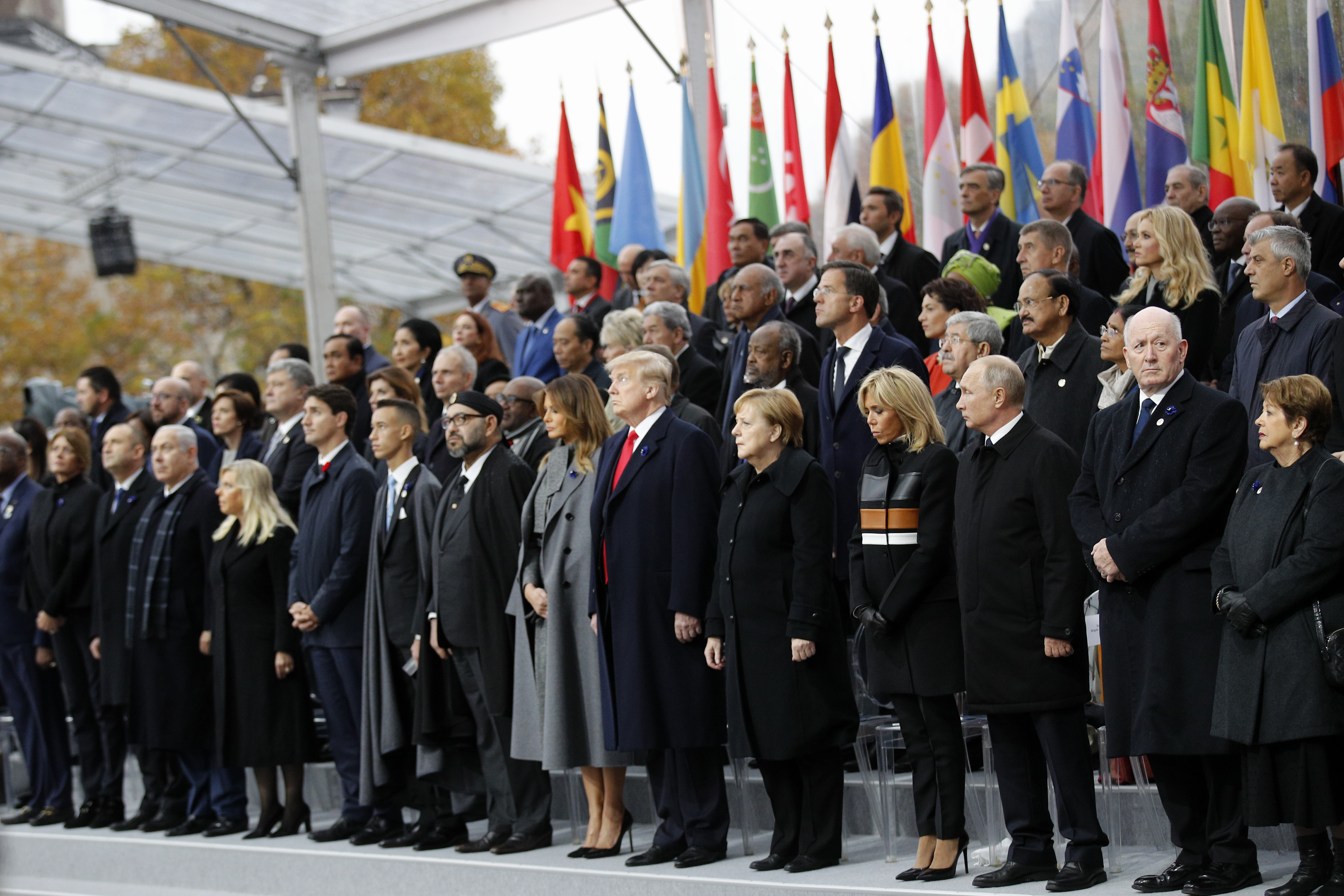 Heads of states and world leaders attend ceremonies at the Arc de Triomphe Sunday, Nov. 11, 2018 in Paris. Over 60 heads of state and government were taking part in a solemn ceremony at the Tomb of the Unknown Soldier, the mute and powerful symbol of sacrifice to the millions who died from 1914-18. Photo:AP