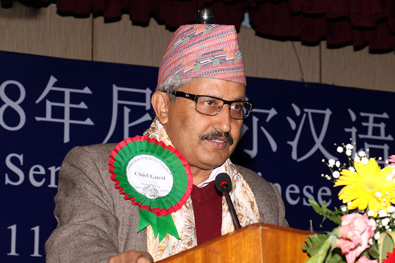Minister for Education, Science and Technology, Giriraj Mani Pokhrel speaks at a programme in Kathmandu, on Tuesday, November 13, 2018. Photo: RSS
